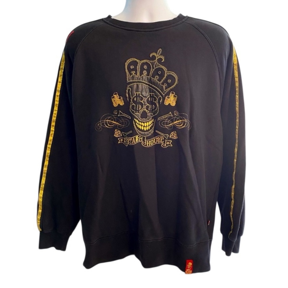 Stash House Gold Trim Skull Embroidered Y2K Rare Sweatshirt Heavy Weight Sz XL